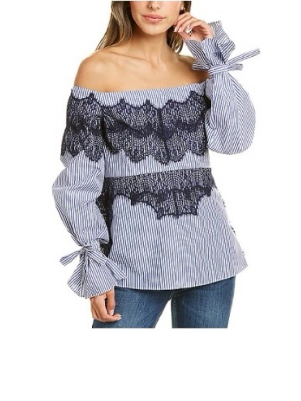 Tanya Taylor Blue & Navy Off-Shoulder Lace-Trim Tunic